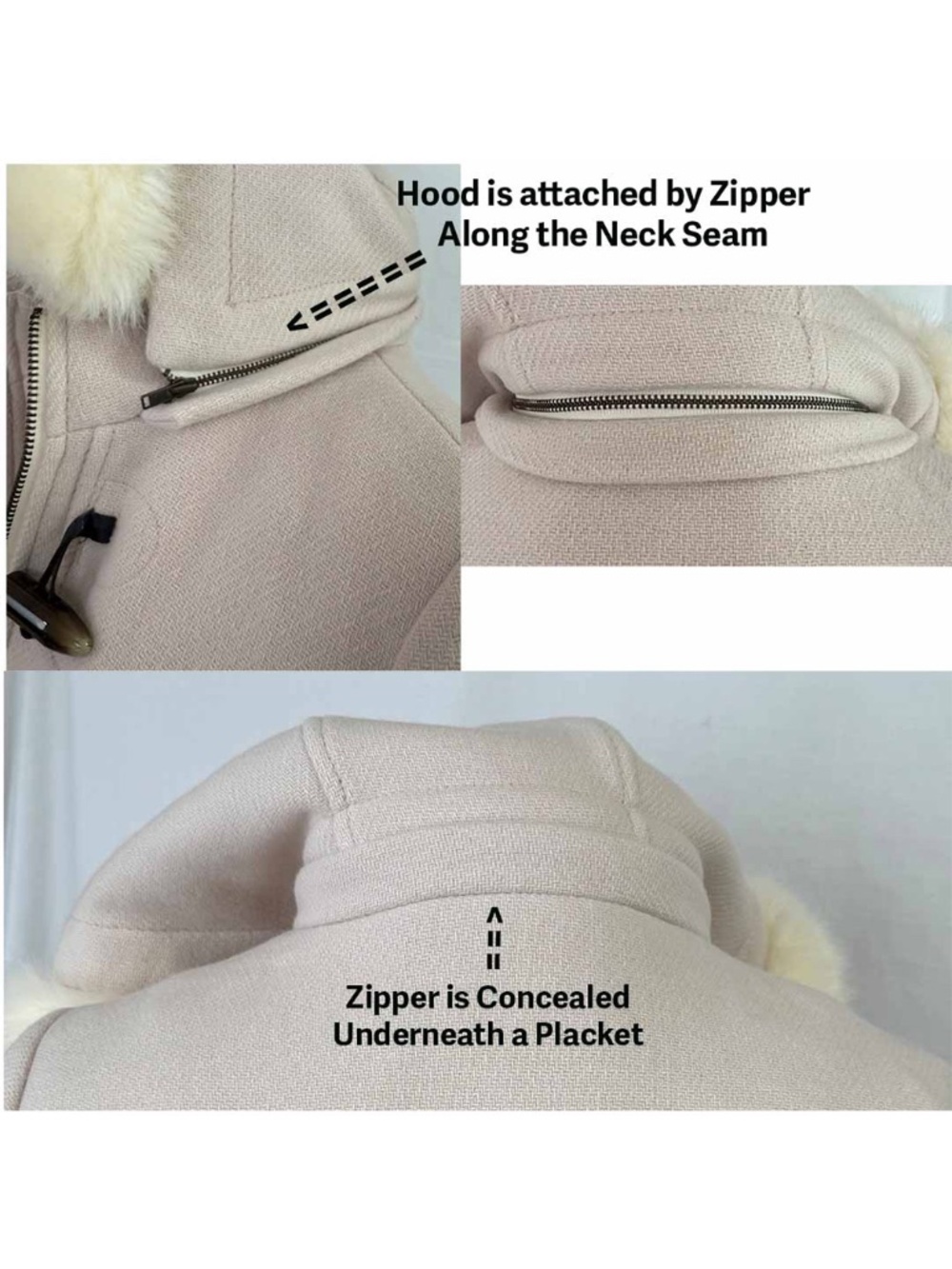 TALBOTS Size 4 Ivory Wool Blend Faux Fur Trim Detachable Hood Toggle Coat Jacket - Picture 7 of 10